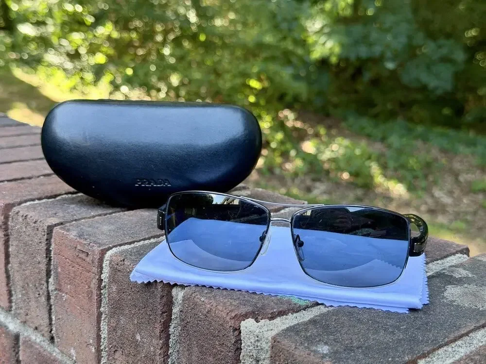 PRADA SPR 54I Sunglasses Polarized Silver Metal Blue Lens 64 12 125 With COA